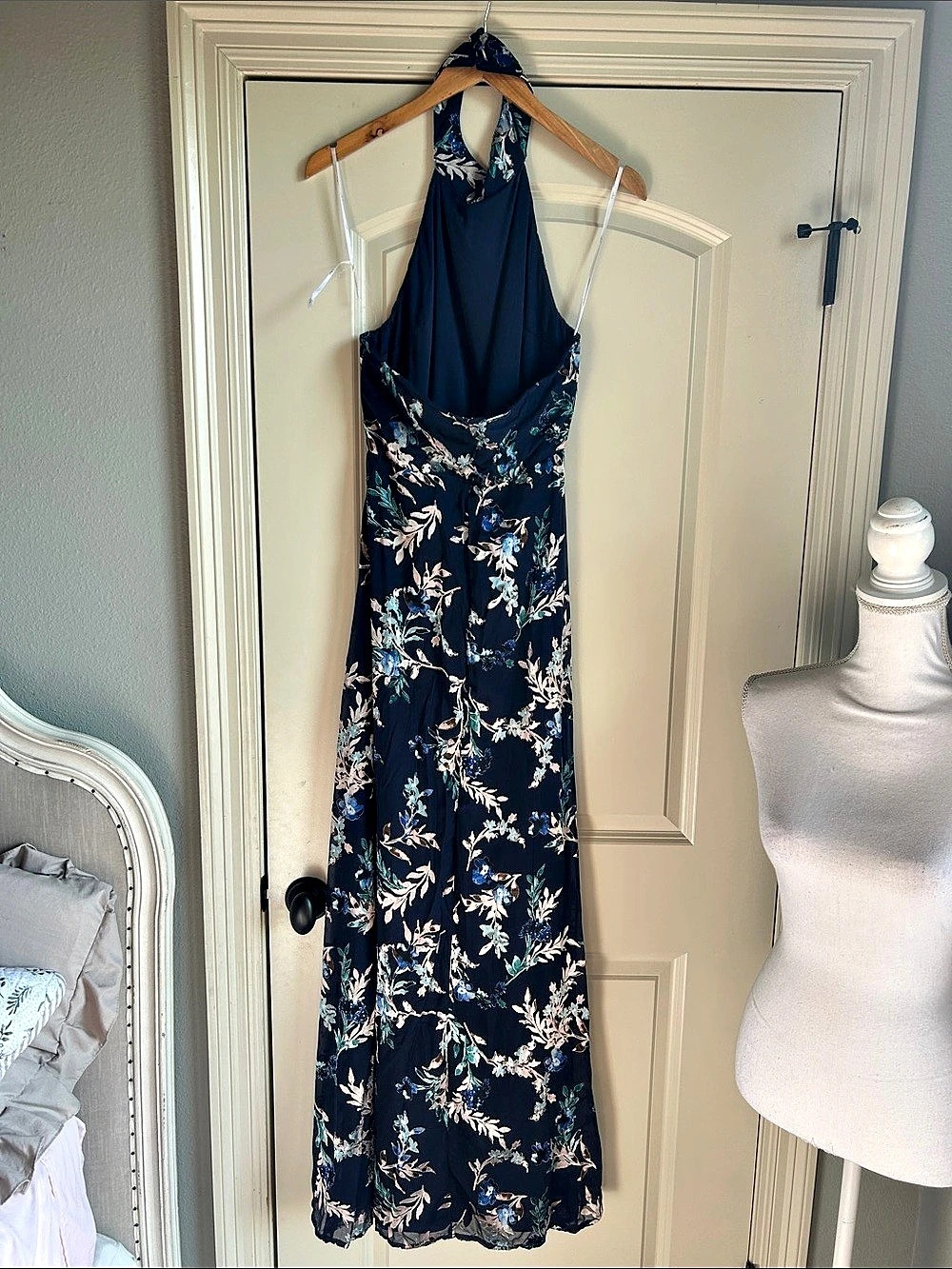 Lulus Romantic Marvel Navy Blue Floral Print Halter Neck Maxi Dress
